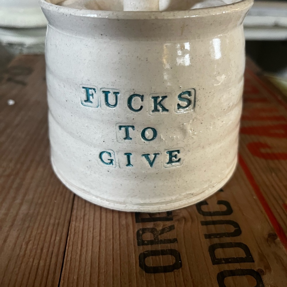 Handmade 4”D Ceramic Jar with Lid & AWESOME  Blue Text; 5 wooden words included